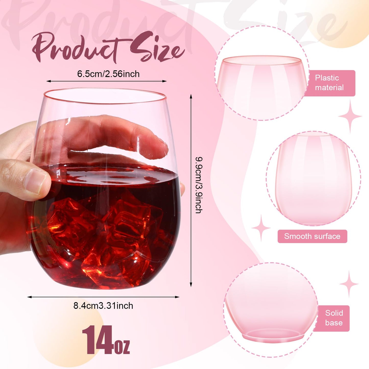 Layhit 32 Pcs Pink Stemless Wine Glasses Plastic Reusable Unbreakable Whiskey Champagne Drinking Glasses Cups for Wedding Anniversary Mother's Day Birthday Party(14 Oz)