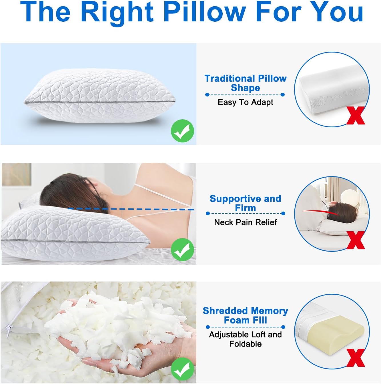Skiennix Cooling Pillows - Adjustable Shredded Memory Foam Set of 2 | Queen Size 20" x 30", White