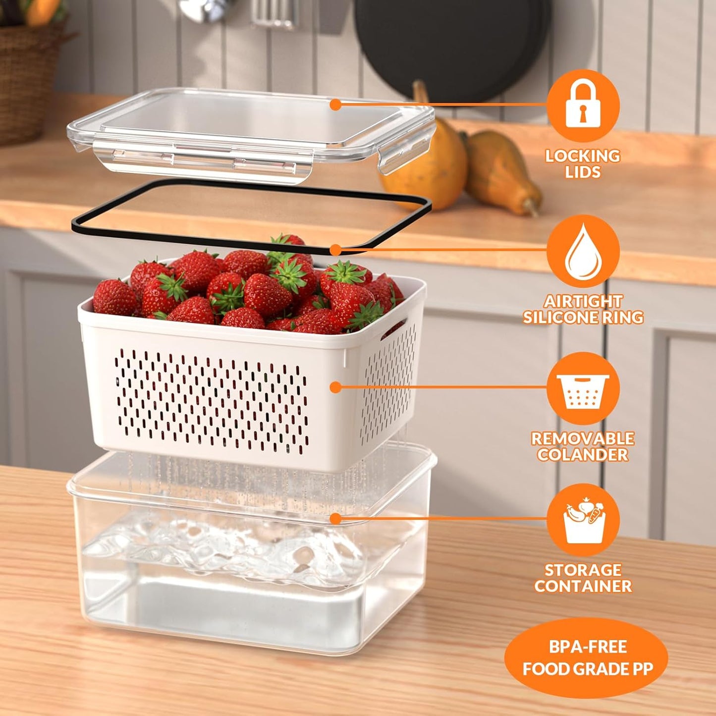 Skiennix Large Fruit Storage Containers - Airtight 5-Piece Set with Removable Colanders | Keep Produce Fresh Longer