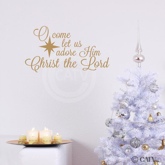 Metallic Gold 'O Come Let Us Adore Him' Wall Decal - Christ The Lord Vinyl Lettering (12.5"H x 22"L)
