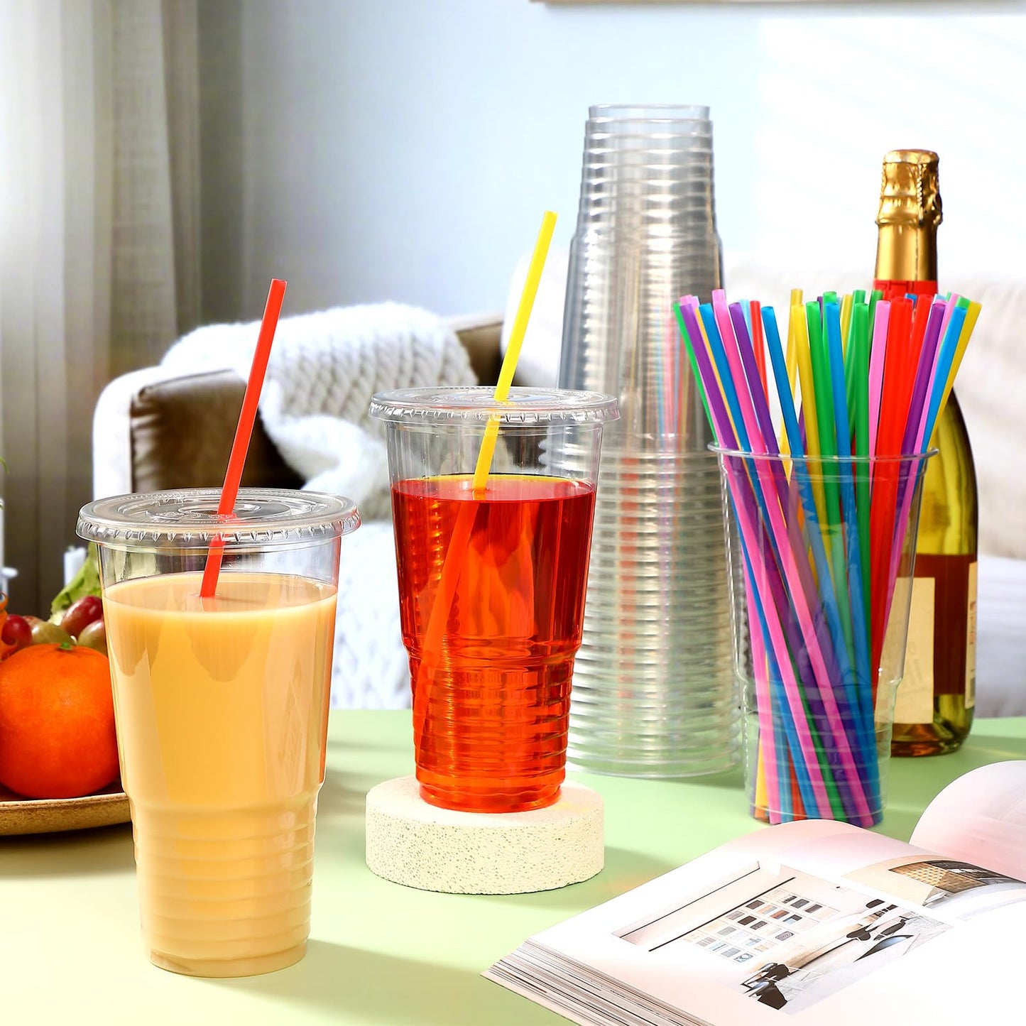 Ziliny 50sets 32 oz Clear Plastic Cups with Lids and Straws Disposable Clear Thickened Pet Plastic Drinking Cups for Cold Drinks, Iced Coffee, Milkshakes, Smoothies, Dessert (Multicolor)