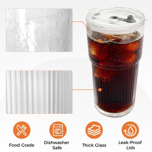 GGOLDMER 4 Pack Glass Tumblers with Lids and Straws, 20oz Iced Coffee Cups with Lids Reusable for Juices, Smoothies, Cocktail, Beer, Tea and Latte - Ribbed Design & Thick Glass
