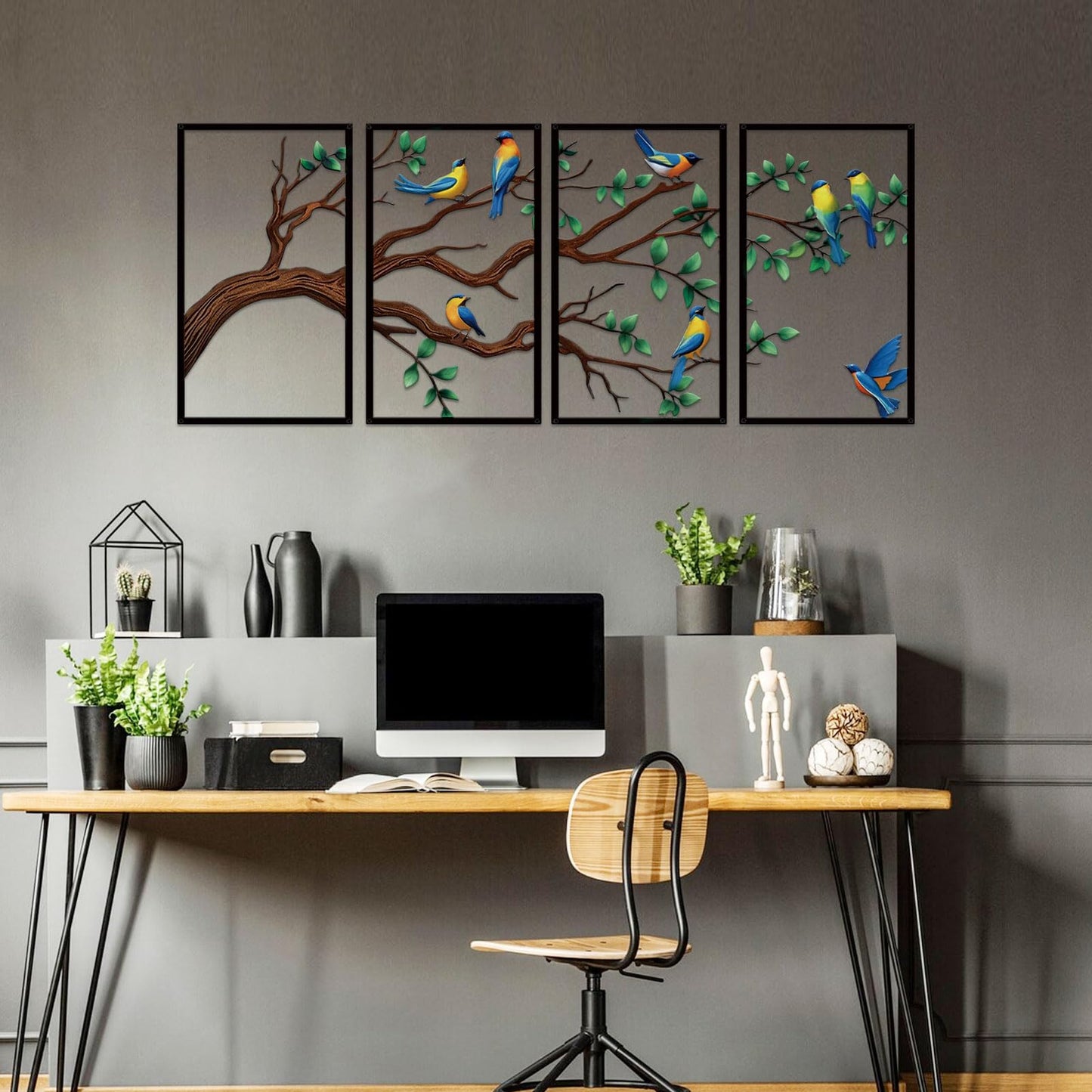 ruelen 4 Pieces Large Metal Birds and Branch Wall Art, Tree of Life Metal Wall Art, Colorful Leaves with Birds Silhouette Hanging Wall Sculpture for Living Room Home Bedroom Indoor Outdoor (Large)