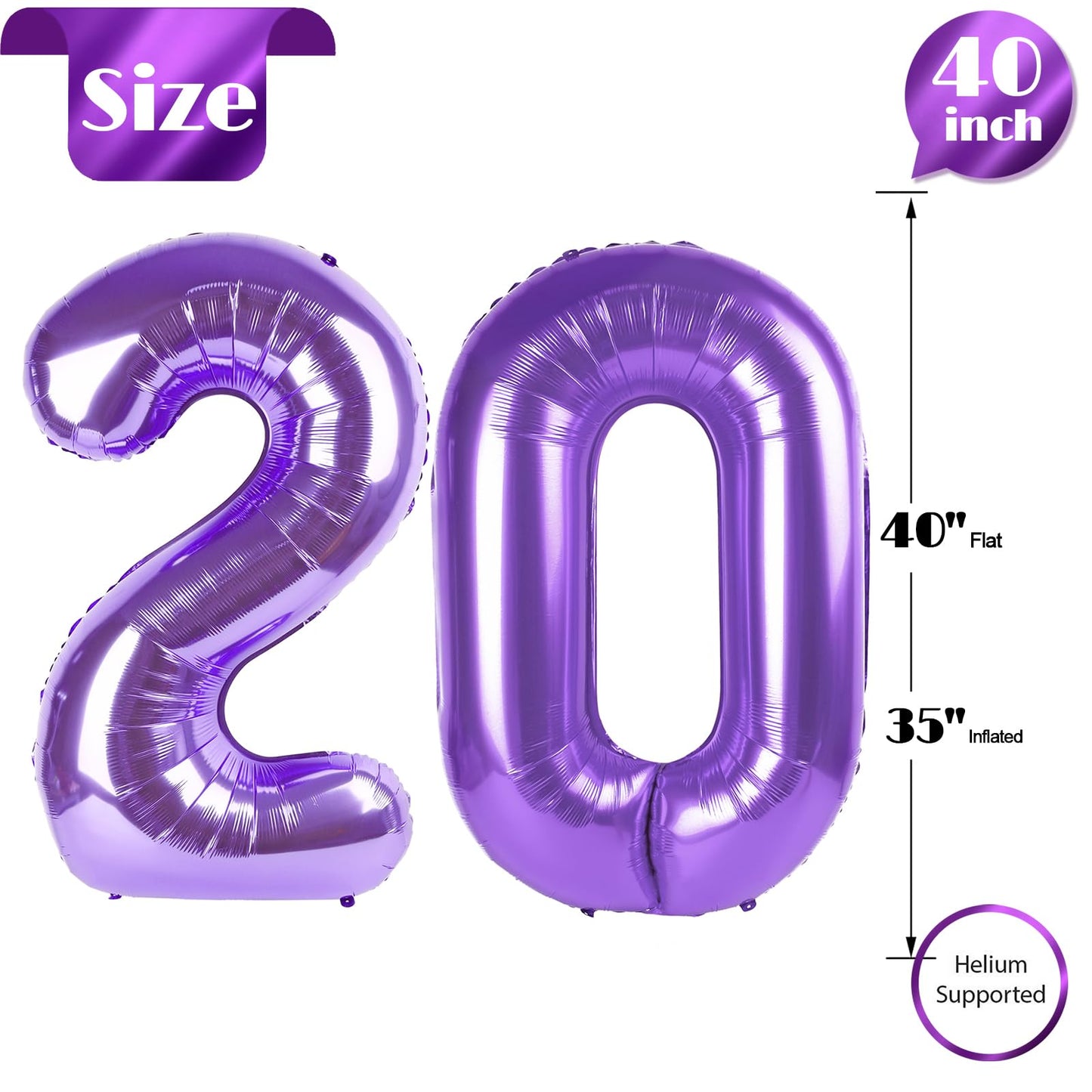 Purple Number 20 Balloon 40 inch, 20 Number Balloons, 20th Purple Birthday Decorations, 20 Year Old Girls Boys Party Supplies