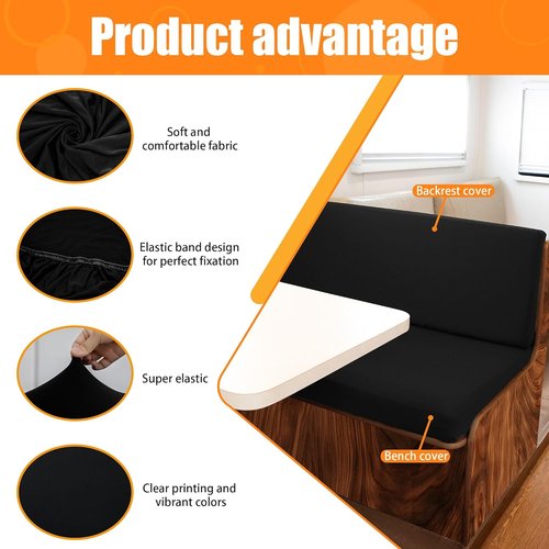 BIETYONE RV Dinette Cushion Covers - Stretchable Slipcovers for Camper Furniture | 2 Backrest & 2 Bench Covers (Black)