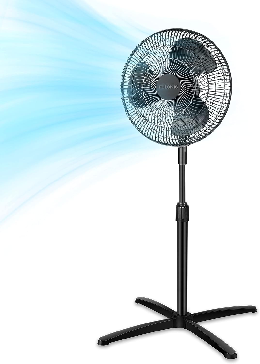 Pelonis 16-Inch Oscillating Pedestal Fan - 3 Speeds, 90° Oscillation, Adjustable Height - Black