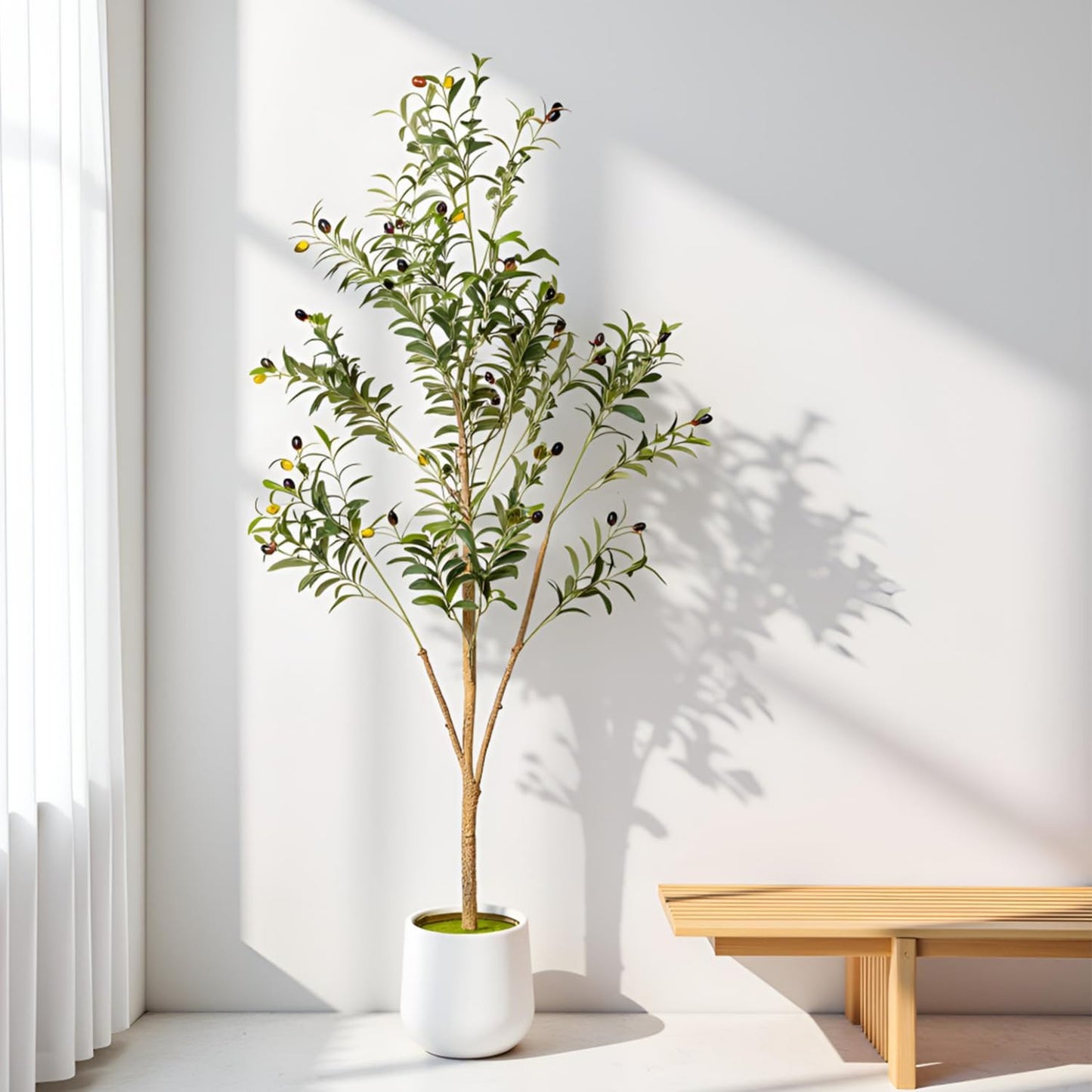 Artizone Artificial Olive Tree with White Pot - Faux Olive Tree for Home Decor, Tall Artificial Plants Indoor, Realistic Trunks Foliage Fruit, Office Decor (5FT)
