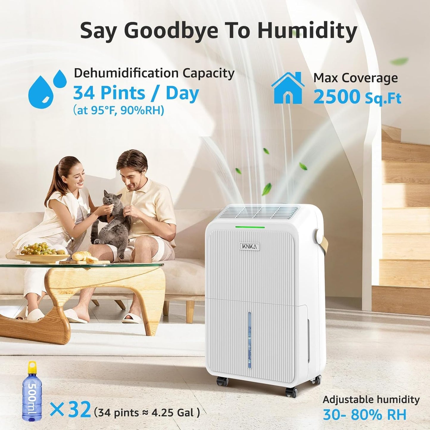 KNKA Dehumidifier - 2500 Sq.Ft Capacity with Drain Hose | 34 Pints, Intelligent Humidity Control, 3 Modes