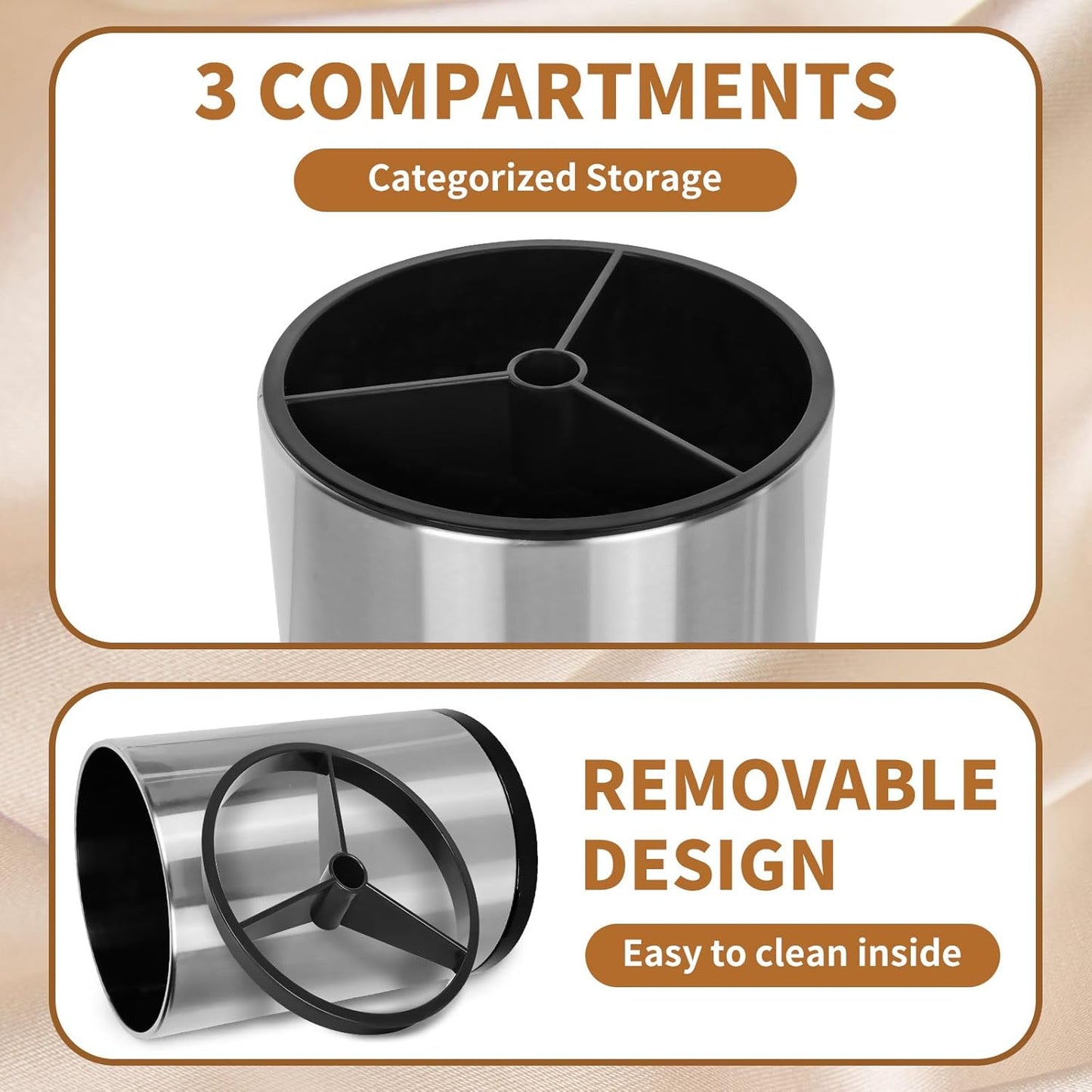 Nigelia Extra Large Kitchen Utensil Holder - 360° Rotating Stainless Steel Caddy | 3 Compartment Organizer (Silvery)