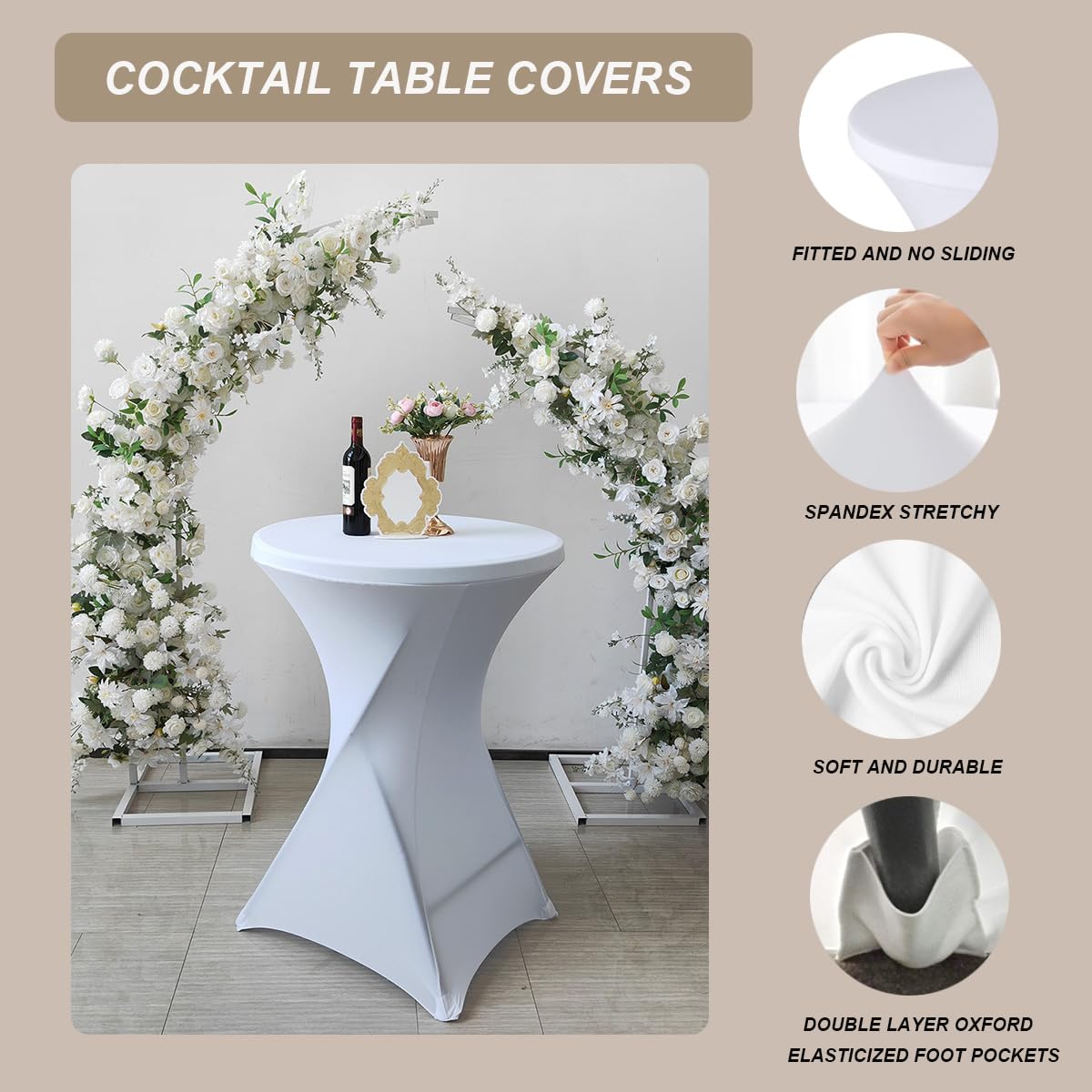 Albassa 2 Pack Cocktail Table Covers 32"x43" Spandex Stretch Highboy Top Tablecloth Fitted Round Table Cloths for Bar Wedding Cocktail Party Banquet Tables (2, White, 32"x 43")