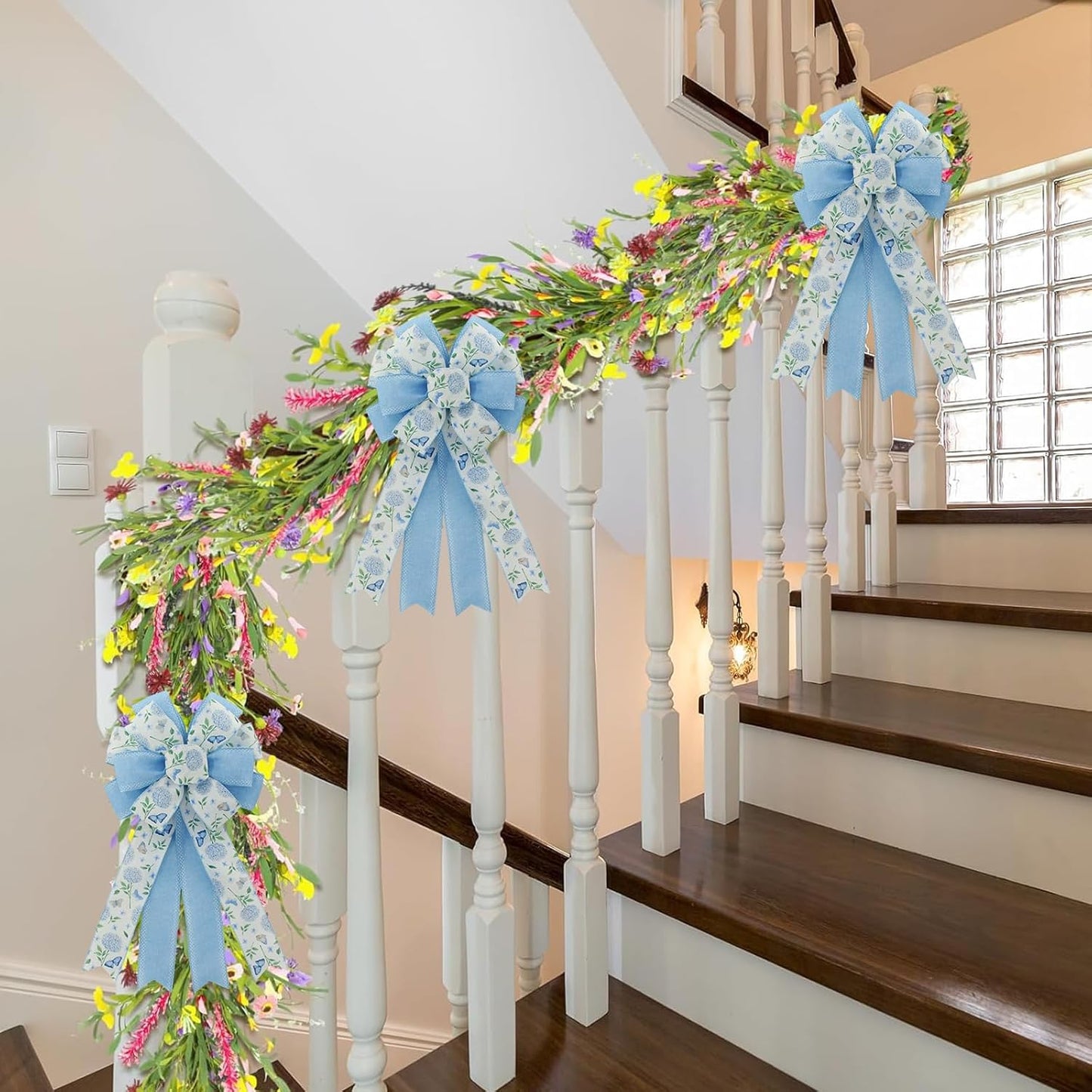 Skiennix 20.87 Inch Large Spring Bow - Blue Hydrangea & Butterfly Burlap Ribbon for Easter Decor | Indoor/Outdoor Use