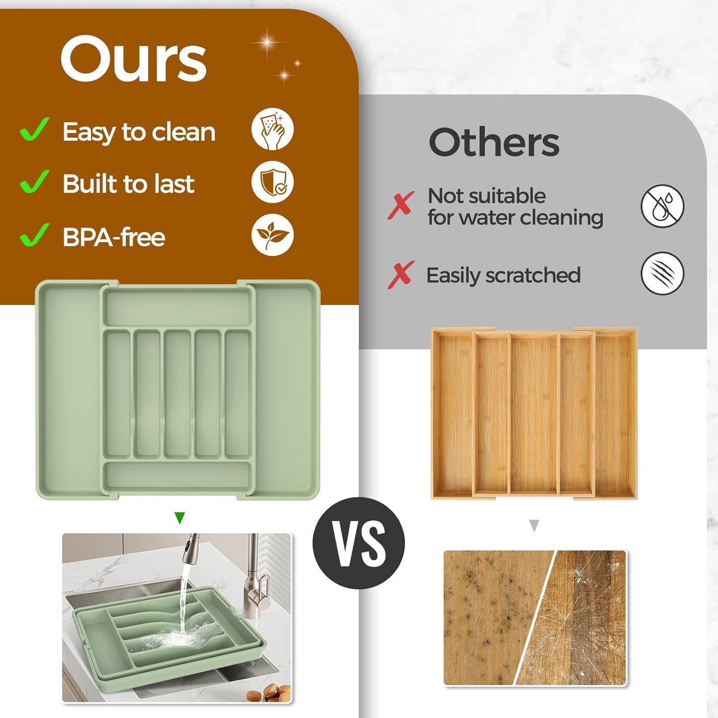 Ukeetap Extra Large Expandable Silverware Organizer - BPA-Free Cutlery Drawer Holder | Adjustable Green Design