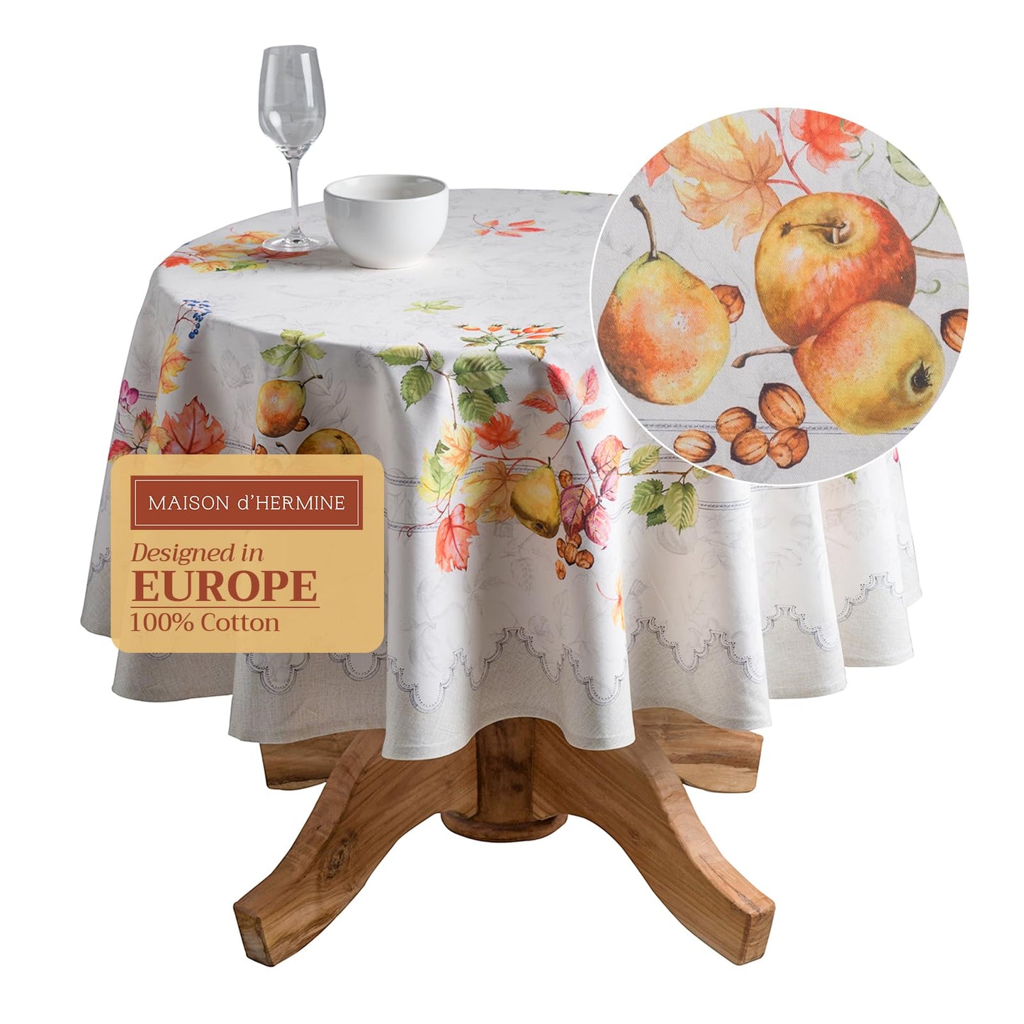 Maison d' Hermine Table Cloth Round Table 100% Cotton 63 Inches Fall Tablecloth Reusable Everyday Use for Thanksgiving Christmas Decorations Dining Farmhouse Party (Fruit D'Hiver)