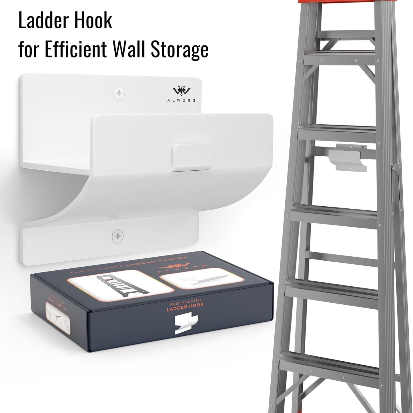 White Ladder Hooks - Wall-Mounted Step Ladder Holder for Garage | Space-Saving Design