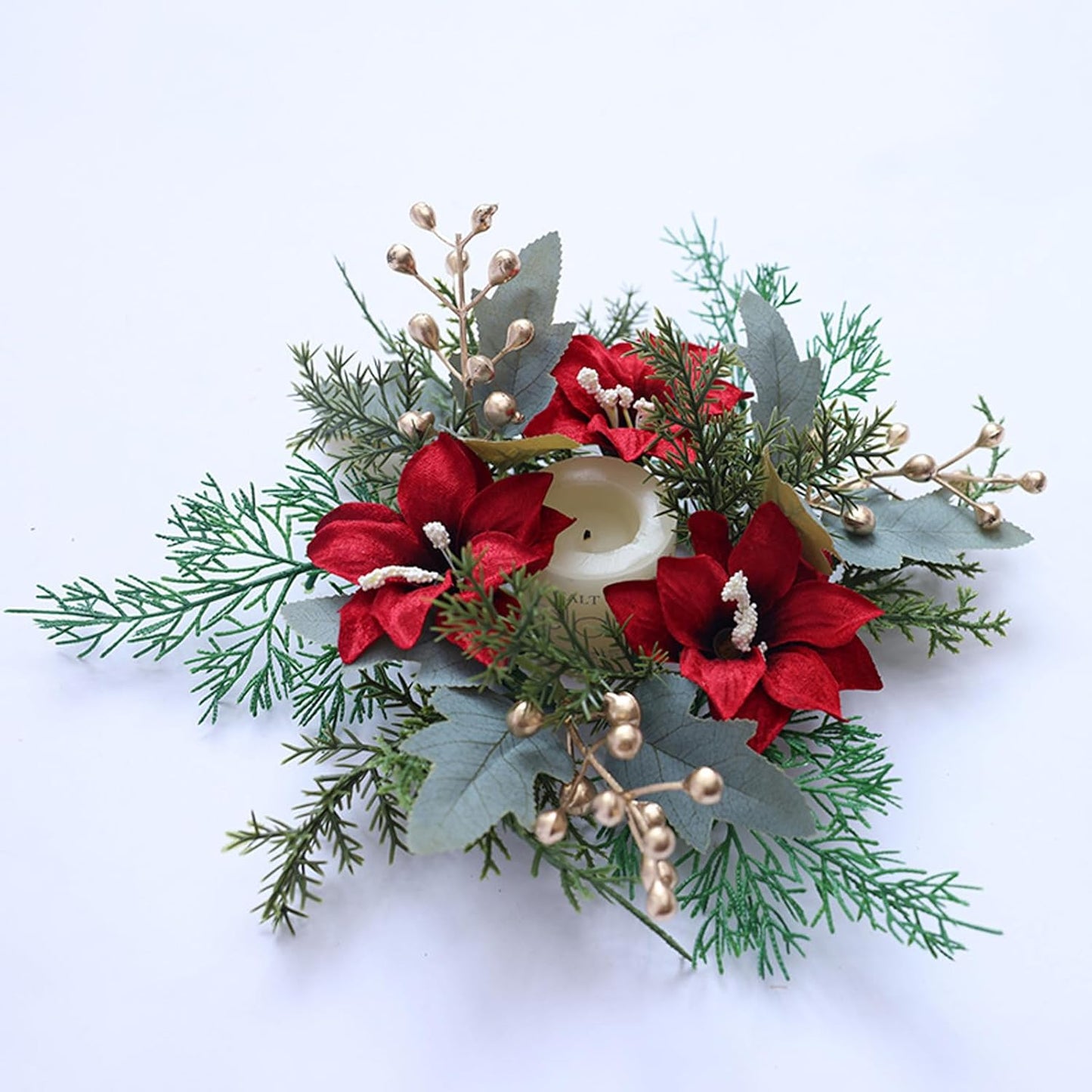 Regine Switzerland Christmas Candle Rings - Pine Needle & Berry Decoration for Winter Centerpieces