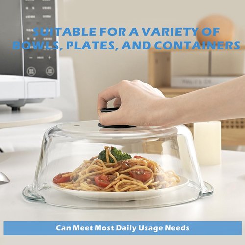 Glass Microwave Splatter Cover with Glove & Mat for Food 10in Glass Plate Cover with 4 Vents Non Plastic Microwave Cover with Easy Grip Silicone Knob BPA Free Food Grade Dishwasher Safe Heavy Duty