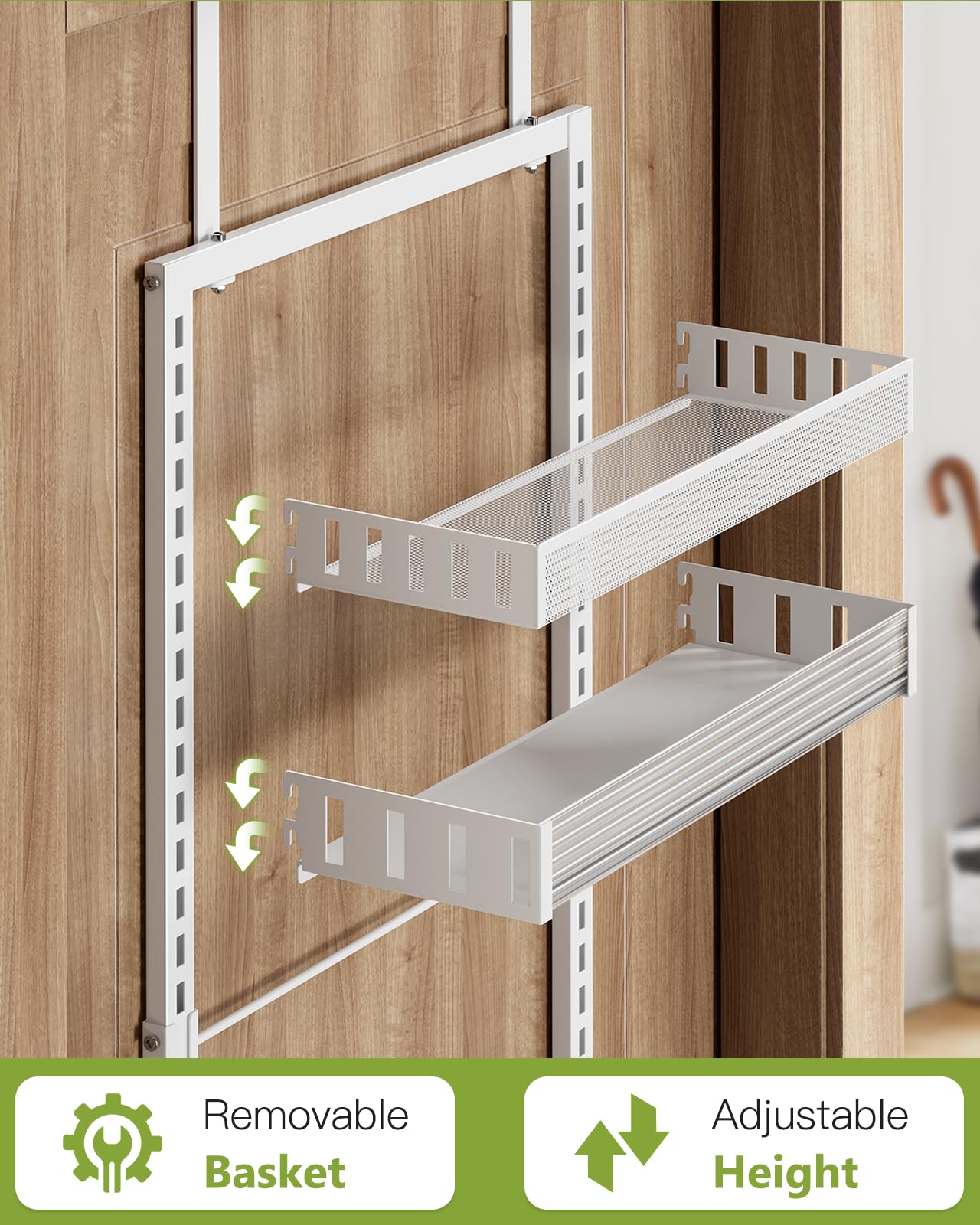 POKIPO Over the Door Pantry Organizer, 8-Tier Large Wall Mounted Storage Spice Rack, 2 in 1 Heavy-Duty Metal Adjustable Hanging Baskets for Pantry, Bathroom, Kitchen, White