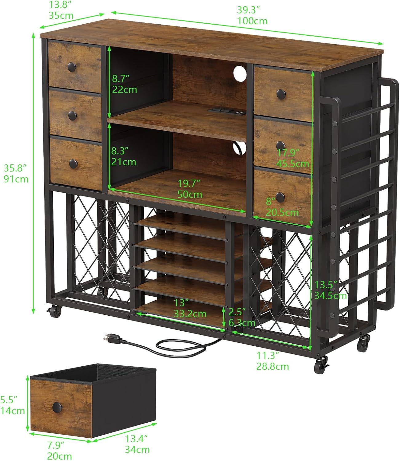 VENNQD Craft Cart - Cricut-Compatible Table with Charging Station & 48 Vinyl Roll Holders | Rustic Brown