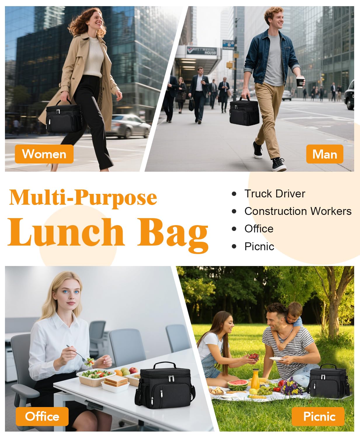 MIAOJIE Insulated Lunch Bag for Men & Women, 9L Leakproof Lunch Box Soft Cooler Tote with 5 Pockets, 600D Oxford, EVA Lining, Adjustable Strap for Work, Picnic, Beach&Travel-Black