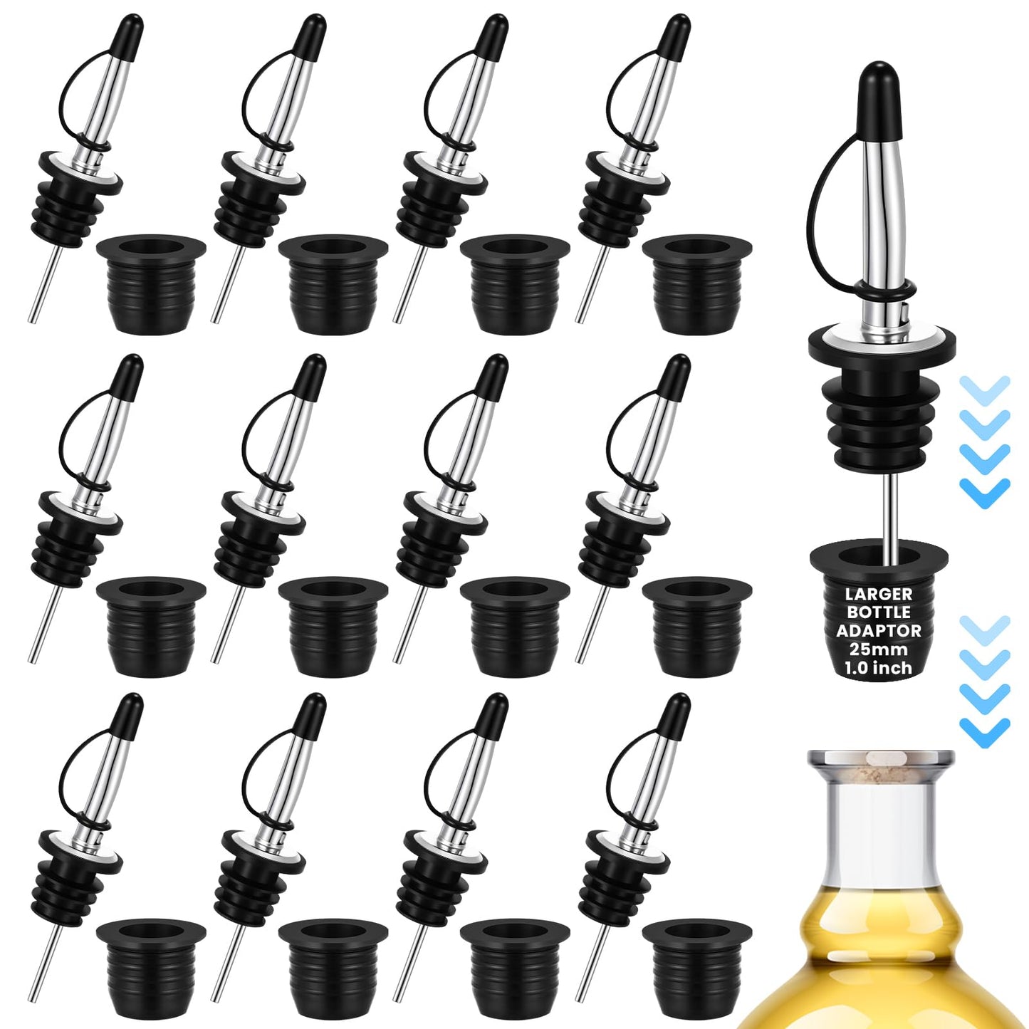 12 Pack Liquor Pour Spouts with Bottle Adapters, No Drip Pour Spouts for Large Neck Liquor Bottles, Bottle Pourers for Alcohol, Home Bar, Cocktails, Olive Oil up to 1 Inch/25 mm Neck