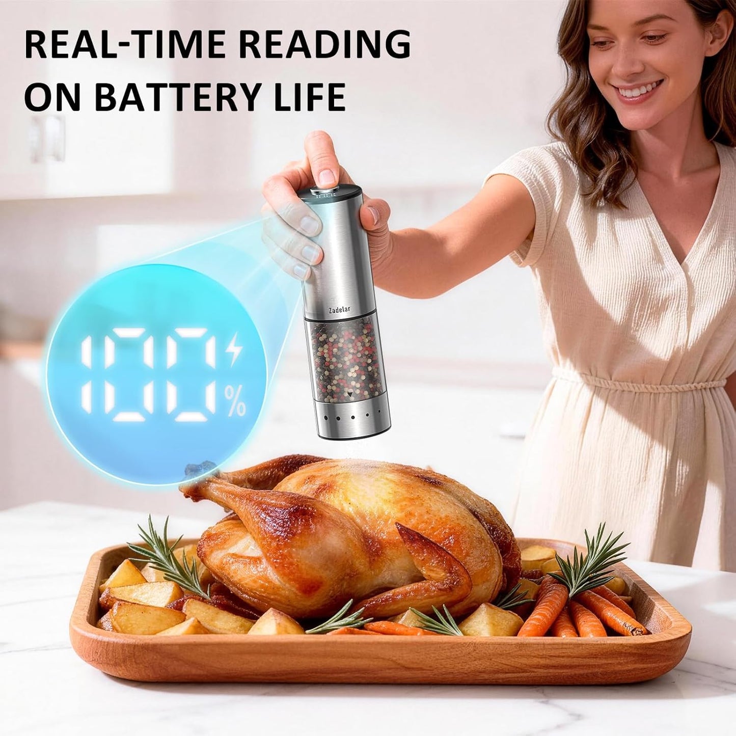 Skiennix Rechargeable Electric Salt and Pepper Grinder Set - Automatic, LED Display, Adjustable Coarseness, Large Capacity