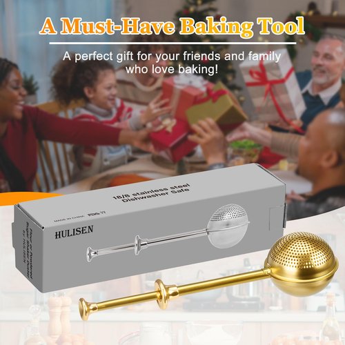 HULISEN Flour Duster for Baking, One-Handed Operation, 304 Stainless Steel Powdered Sugar Shaker Duster, Pick Up and Dust Flour Sifter, Gift Package, Gold