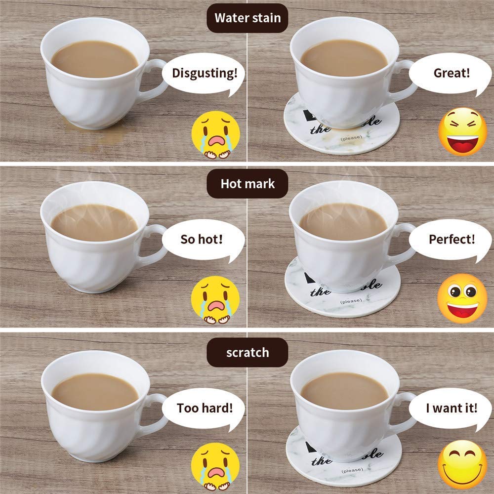 Thipoten Funny Coasters, 6 Pcs Leather Coasters with Holder, Perfect Housewarming Hostess Gifts, Protect Furniture from Water Marks Scratch and Damage(6Pcs, White Marble)