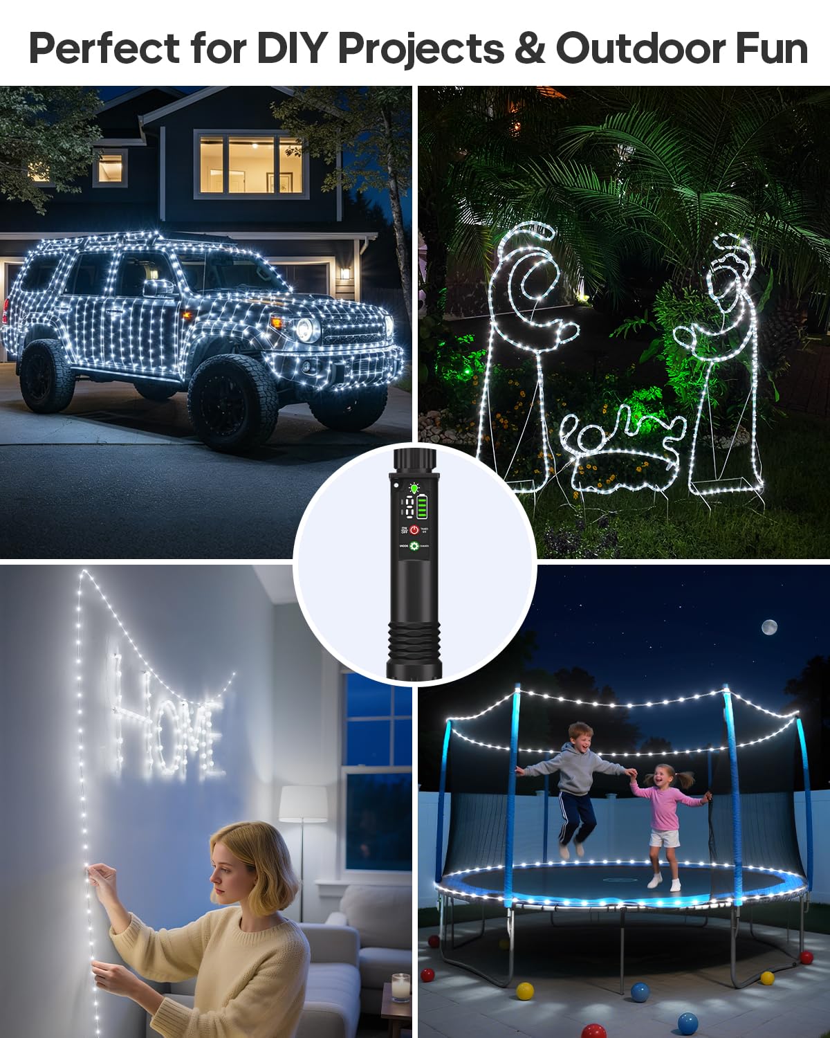 Rechargeable Rope Lights, 79FT 240LED Outdoor Waterproof String Lights with 1200mah Portable Rechargeable Battery, Timing & 8 Modes for Party Christmas Camping DIY Tree trampoline - Cool White 2 Pack