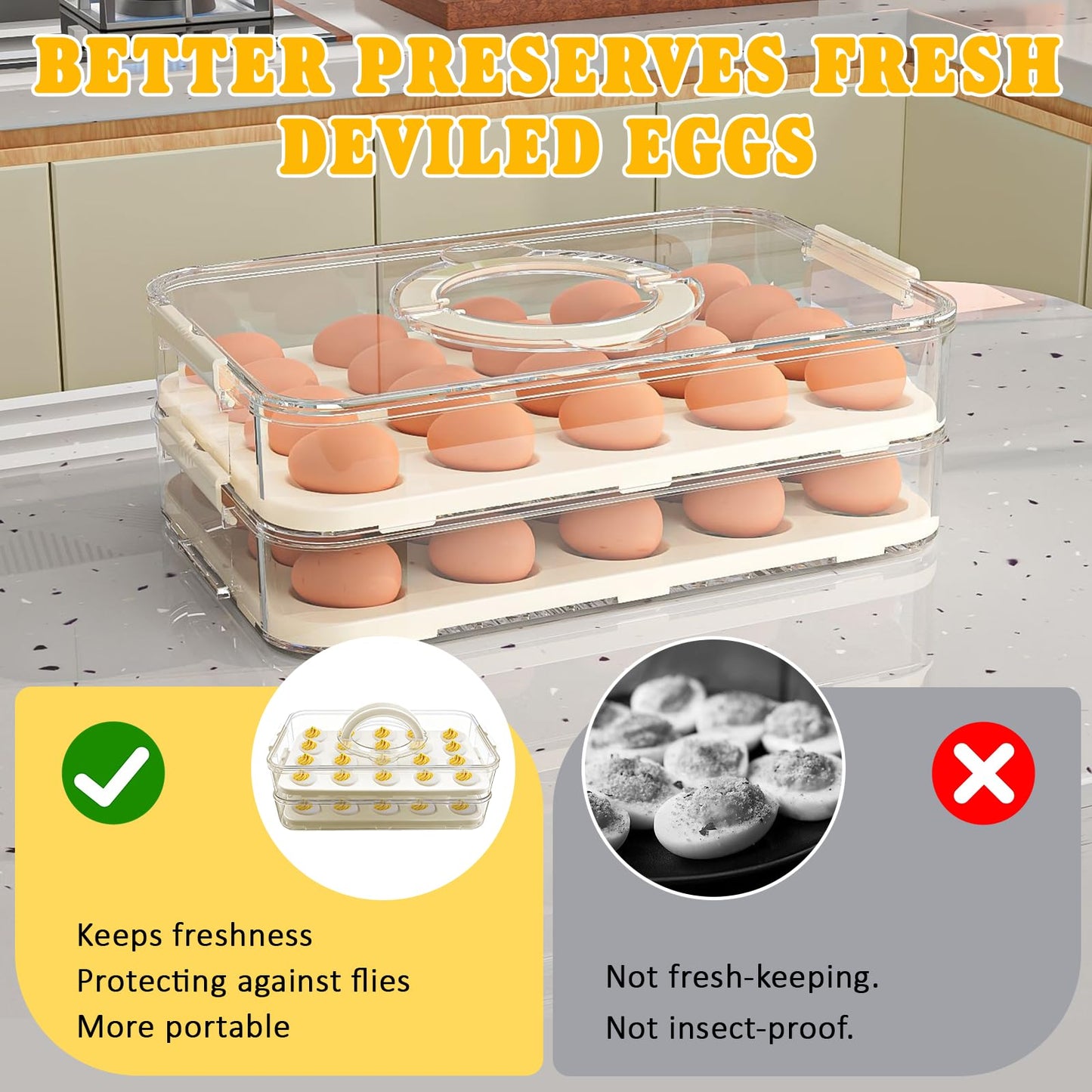 Lignumix Deviled Egg Containers with Lid & Handle (2 Layer Snap-on) PET Thickened Eggs Holder Inc Egg Slicer Kitchen Tongs Silicone Spatula and Piping Decorating Kit,for Festival Party Brunch