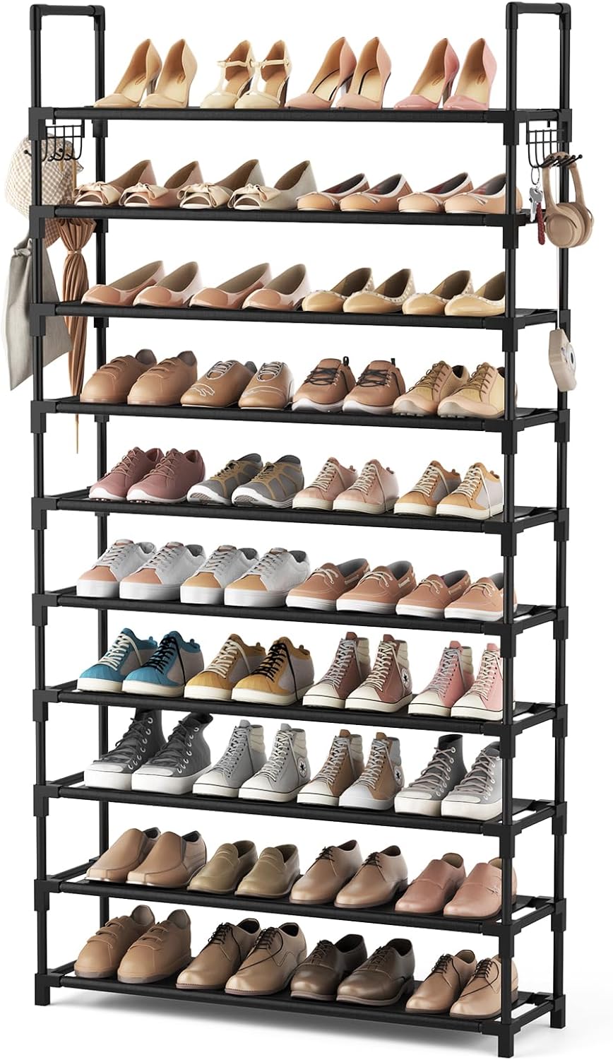 VTRIN 10-Tier Shoe Rack - Tall Large Capacity Organizer with Hooks | Sturdy Metal Shelf for Entryway & Closet