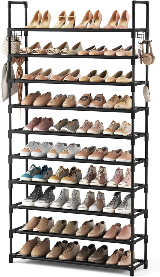 VTRIN 10-Tier Shoe Rack - Tall Large Capacity Organizer with Hooks | Sturdy Metal Shelf for Entryway & Closet
