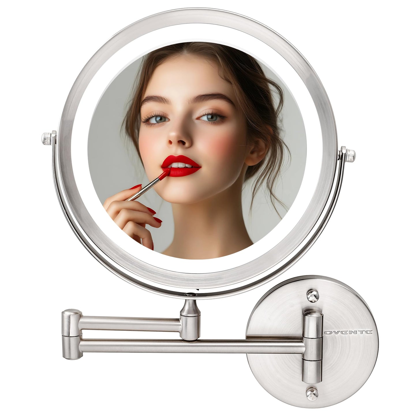 OVENTE Wall Mounted Lighted Makeup Mirror, 9" Double Sided 1X/10X Magnifying Vanity Mirror for Bathroom with LED Lights, Cordless, 360° Rotation and 13" Extendable Arm, Nickel Brushed MFW85BR1X10X