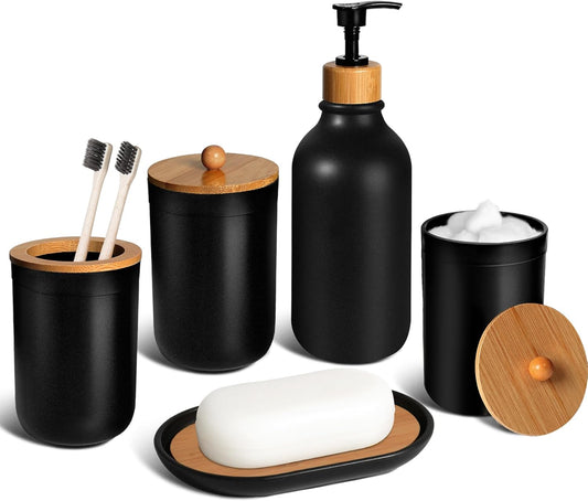Matte Black Bathroom Accessories Set by [Brand Name] - 5-Piece Plastic Set with Soap Dispenser, Toothbrush Holder & More