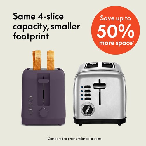 Bella 4-Slice Slim Toaster - 10” Long Slot with 6 Shade Settings, Reheat & Cancel Buttons | Plum Color