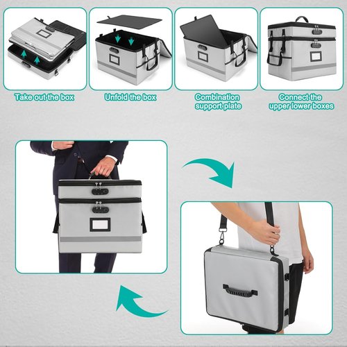 **EXLIFBAG Fireproof Document Organizer Box - Portable 2-Layer File Storage with Lock & Handle**