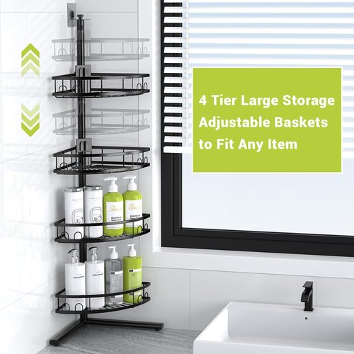 Aitatty Corner Shower Caddy - 4-Tier Rustproof Bathroom Organizer Shelf - Black Floor Rack