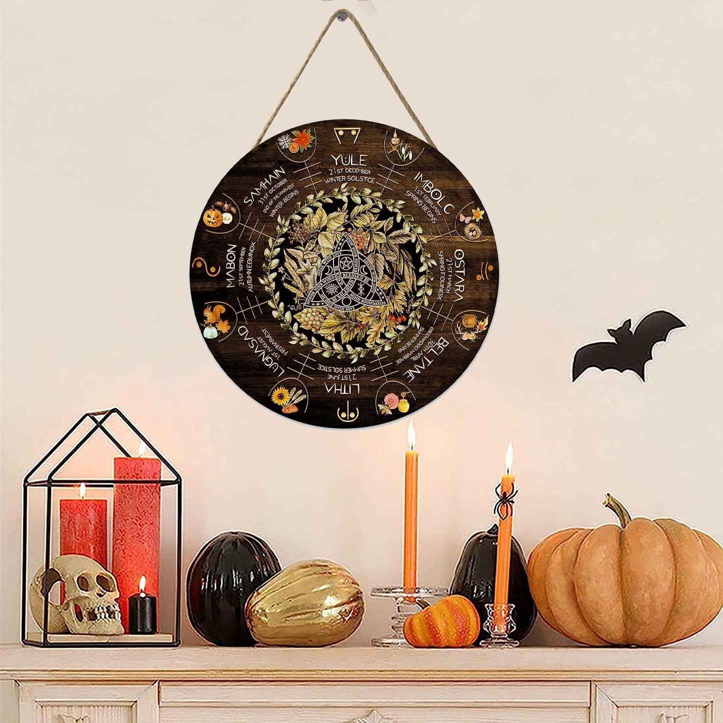 Wheel Year Wood Sign - Sabbats Pagan Witch Decor | Wiccan Calendar for Yule & Halloween | 12x12 Inch