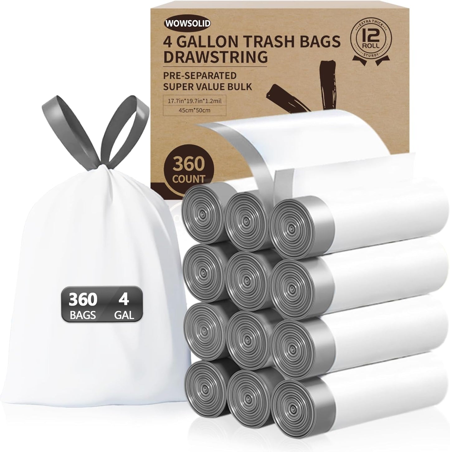 WOWSOLID 4 Gallon Small Trash Bags - 360 Count Drawstring Garbage Bags | 1.2 Mil Thick, Ideal for Mini Bins