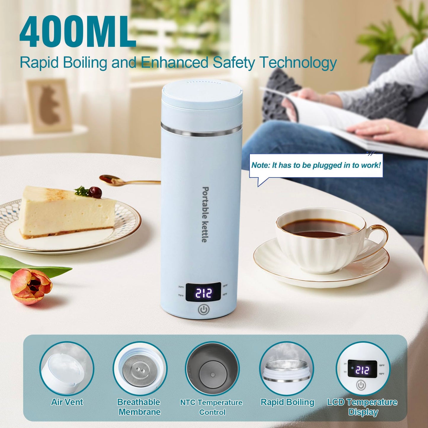 Travel Electric Kettle Portable Mini Kettle,Small Hot Water Boiler with 4 Temperature Settings,304 Stainless Steel, Fast Boiling Water with Auto Shut-Off and Boil Dry Protection,400ML
