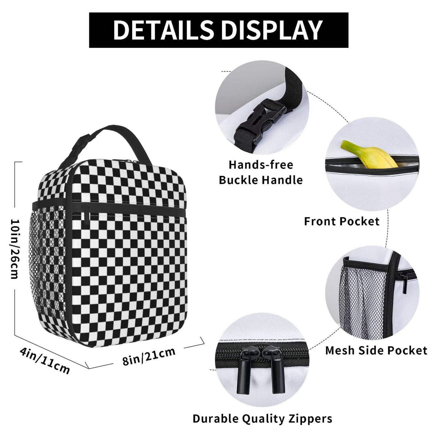 NKHFNBIO Black White Checkerboard Insulated Lunch Box Bag Portable Lunch Tote For Women Men And Kids