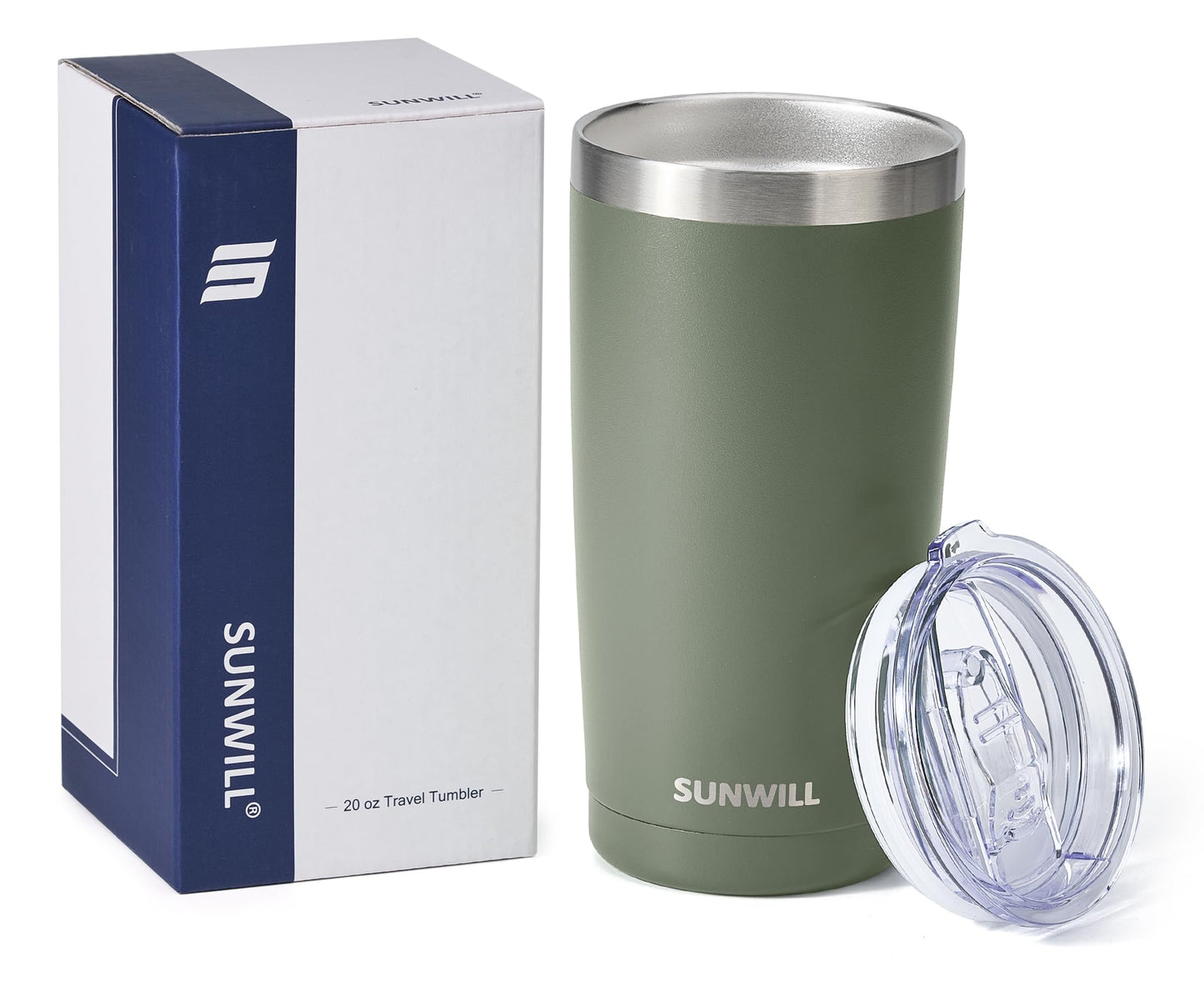 SUNWILL Travel Coffee Tumbler 20 oz, Insulated Mug with Lid, Stainless Steel Iced Cup for Outdoor, Powder Coated Camp Green