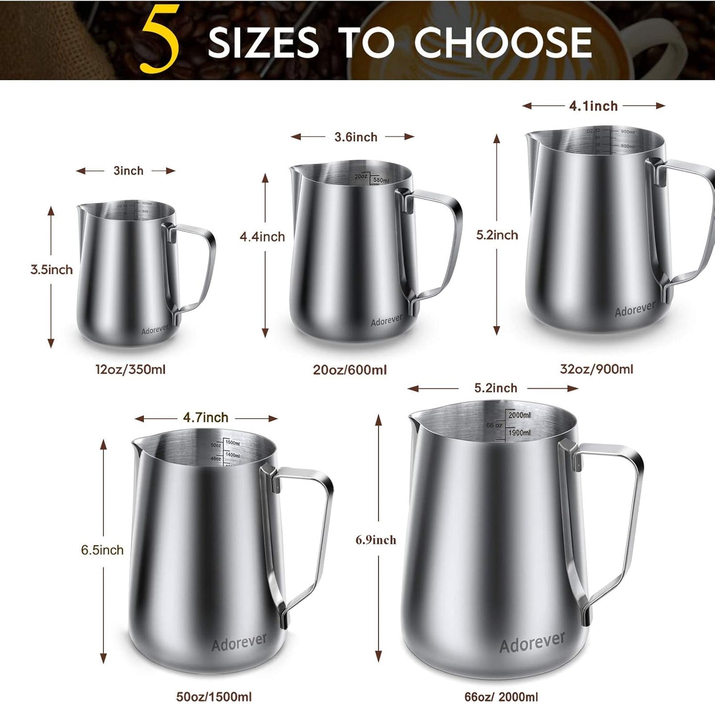 Skiennix Milk Frothing Pitcher - Stainless Steel Barista Jug for Latte Art | 350ml to 1500ml Sizes