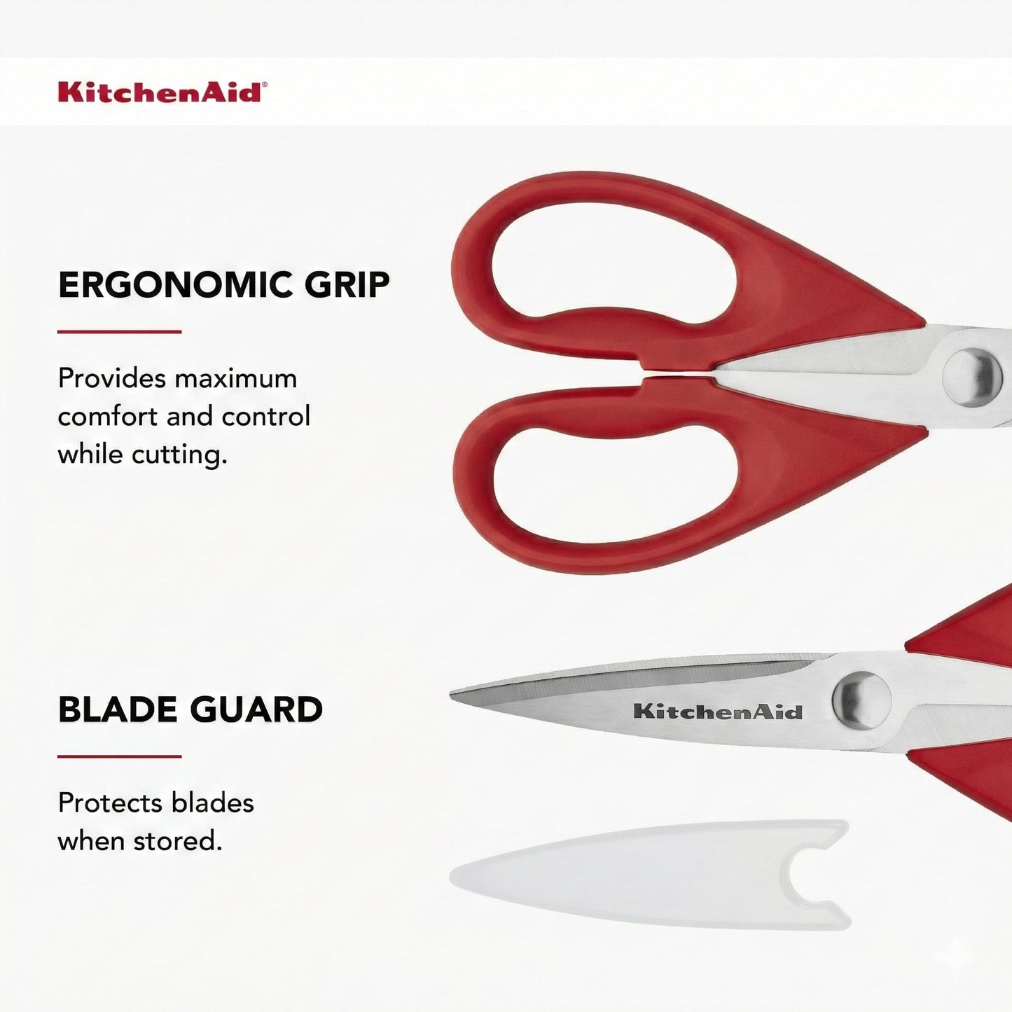 KitchenAid All Purpose Kitchen Shears with Protective Sheath Durable Stainless Steel Scissors, Dishwasher Safe, Soft Grip Comfort Handle, 8.72 Inch, Red