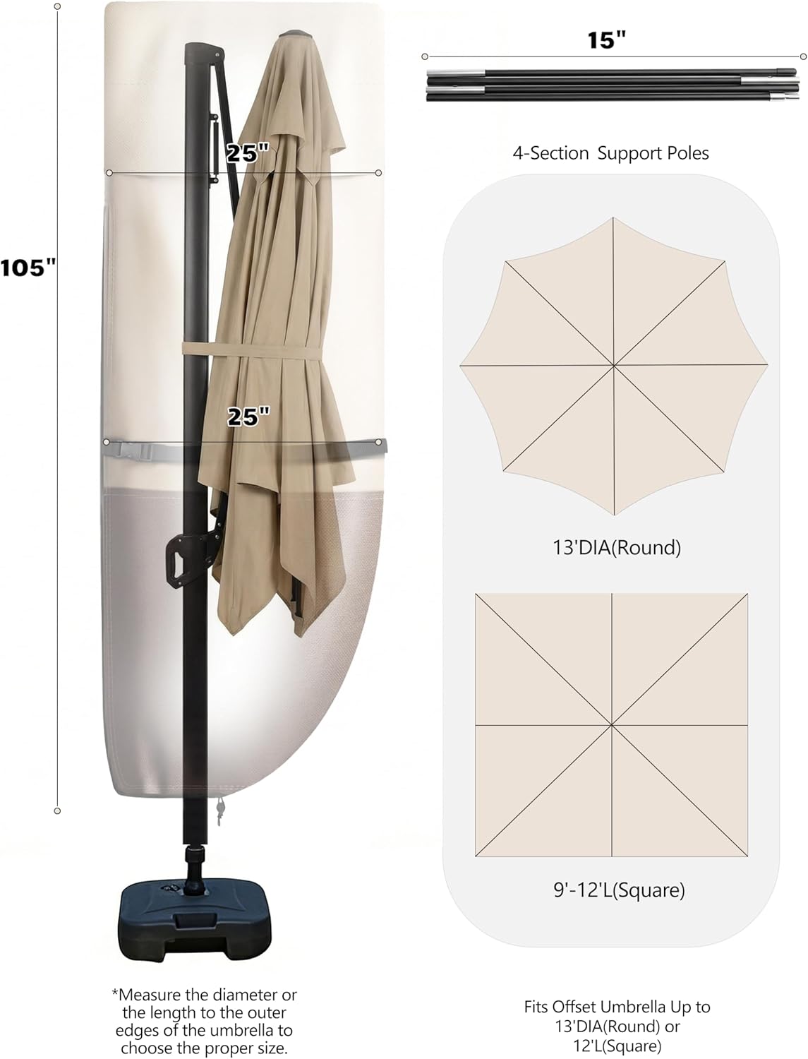 Vailge Patio Umbrella Cover - Waterproof & Windproof for 9-13 Ft Cantilever Umbrellas | Includes Support Pole & Storage Bag