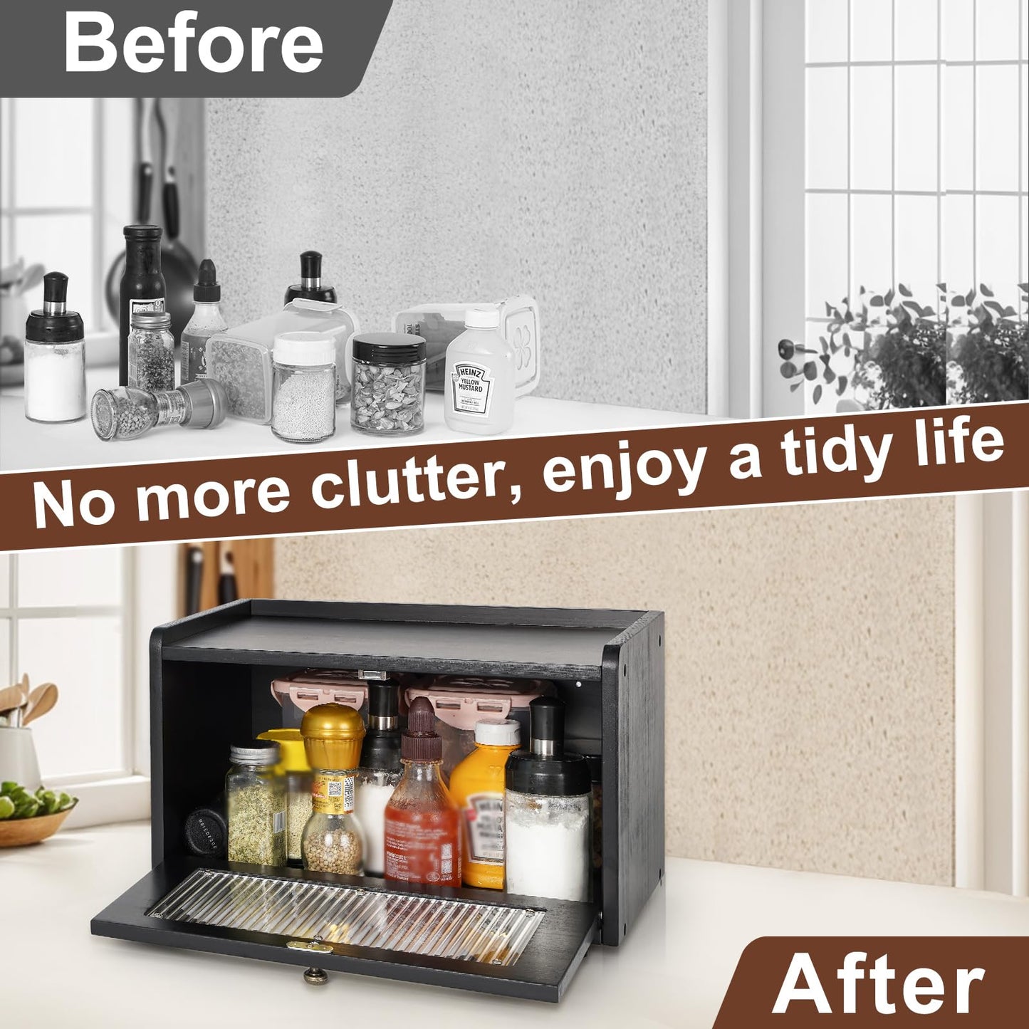 Sunhoo Bread Box for Kitchen Countertop Storage Wooden Breadbox Holder Container Morden Rustic Fresh Bread Keeper Farmhouse Stackable Organizer Bin for Homemade Food Shelf Acrylic Window (Black)