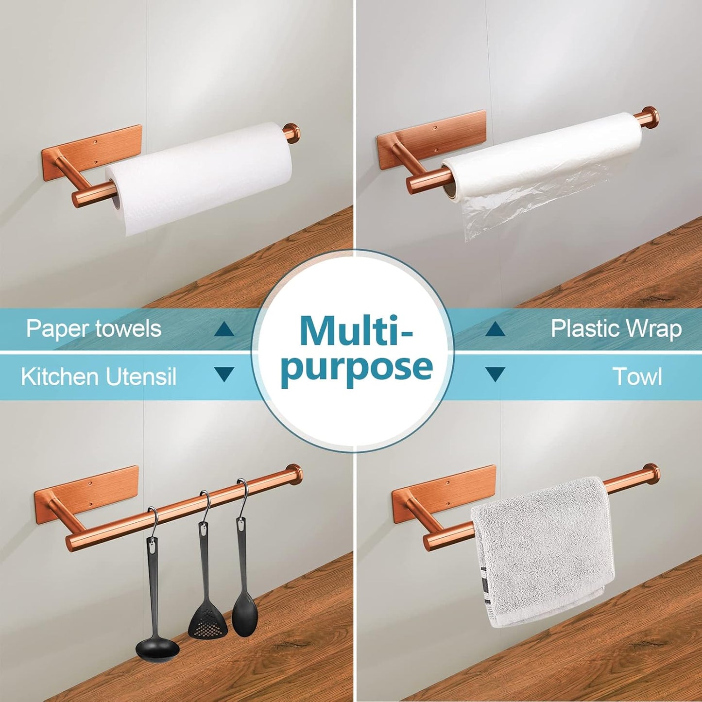 YaoJooHome Premium Paper Towel Holder | Wall Mounted, Self-Adhesive or Screws, Rose Gold Finish