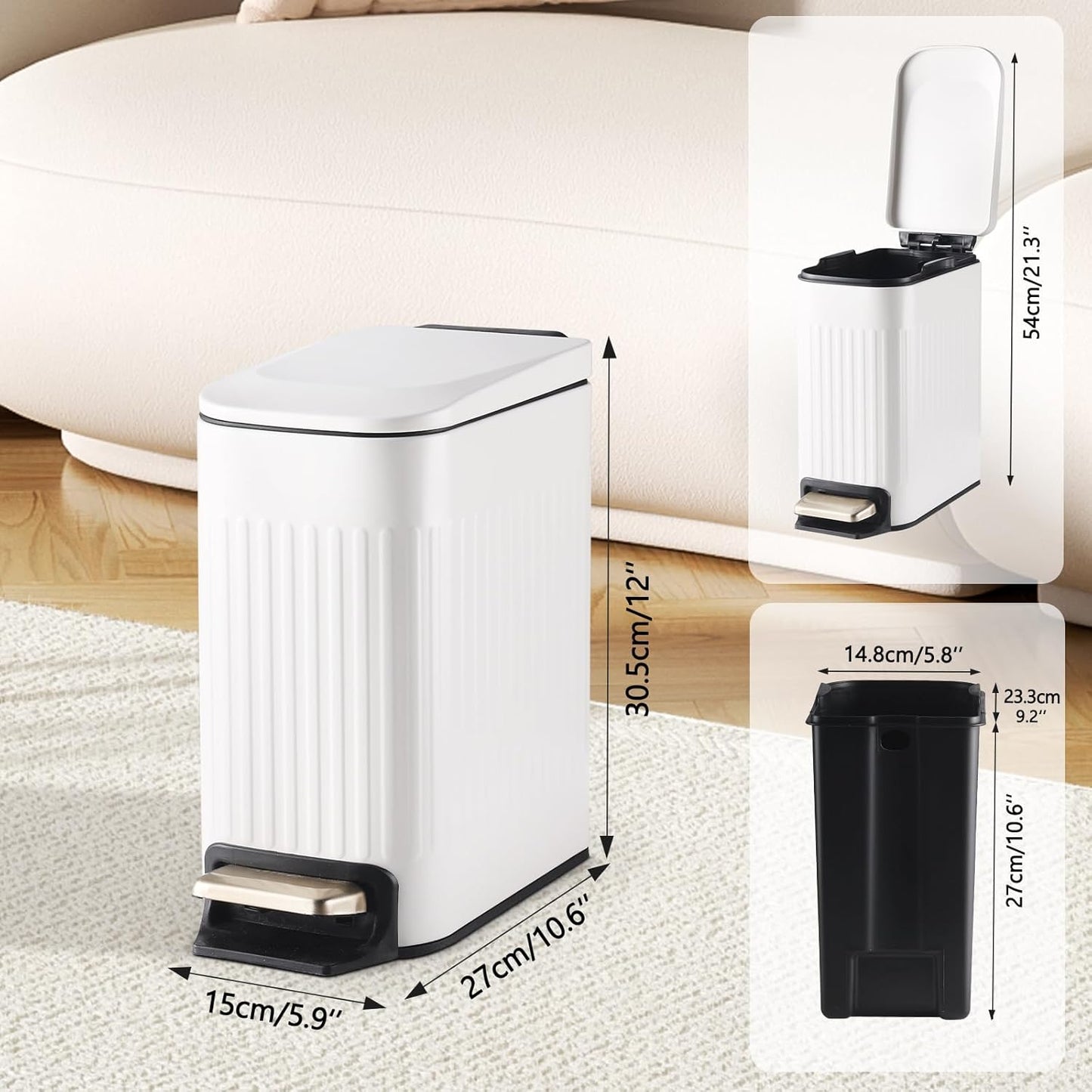 SYNCVIBE Slim Bathroom Trash Can - Soft Close Stainless Steel Step Bin with Removable Inner Bucket | Matt White, 1.8 Gallons