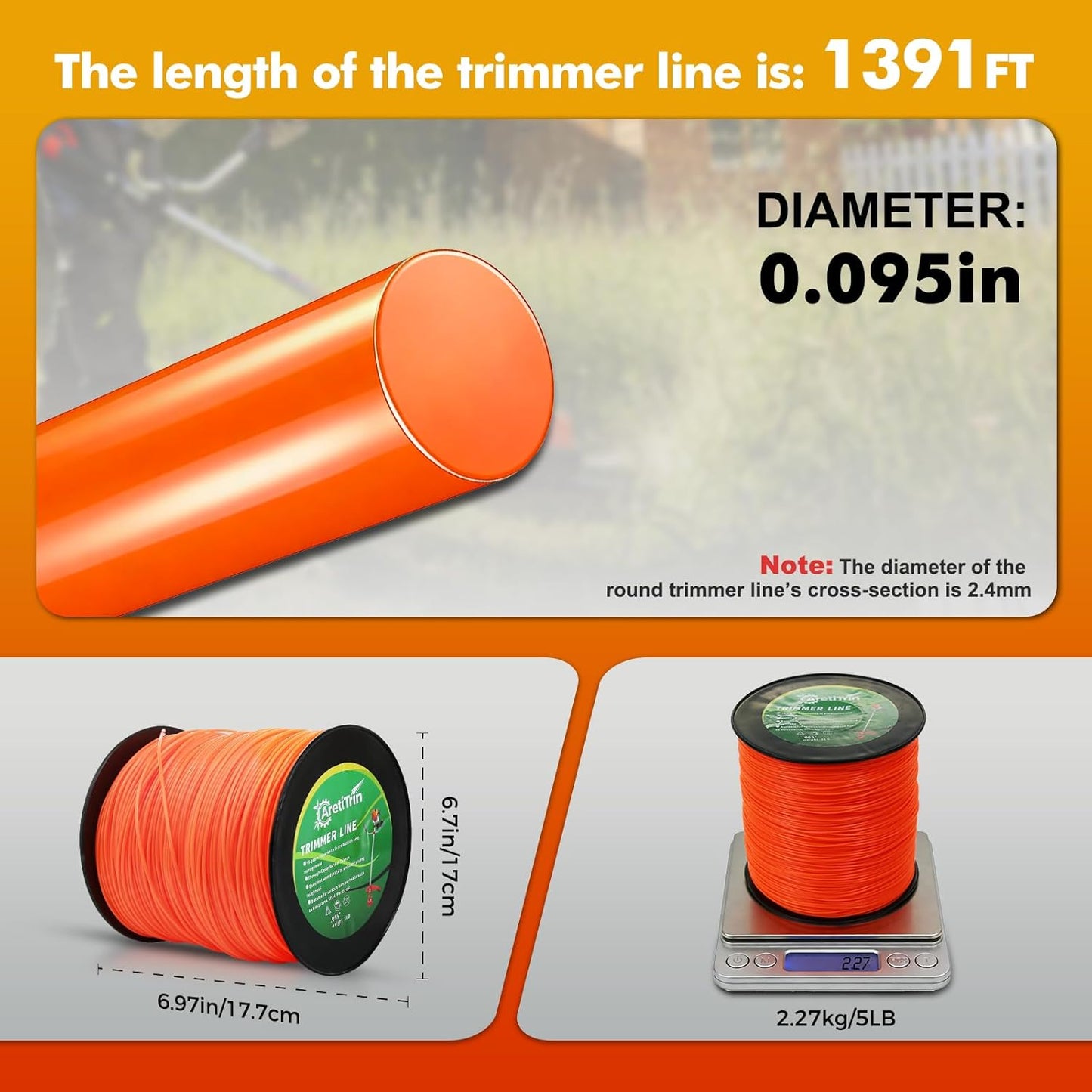 Skiennix 0.095" String Trimmer Line - Heavy Duty Round Orange Nylon, 1391ft for Lawn Edging & Thick Weeds