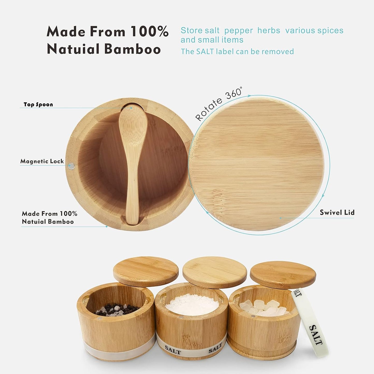 ThougrLyh Bamboo Salt Box - Magnetic Swivel Lid Salt Cellar with Spoon for Spices & Herbs