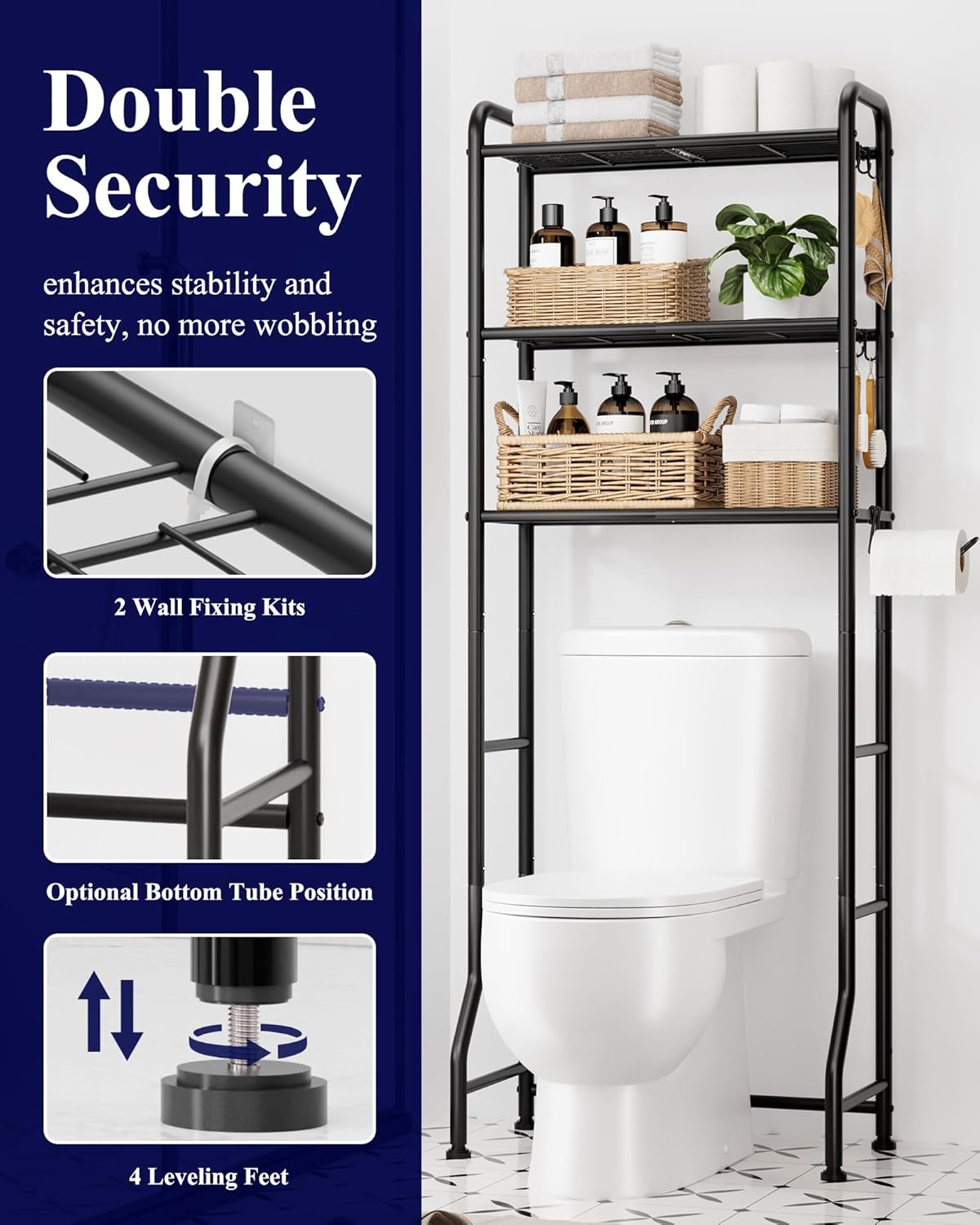 Kitsure Over Toilet Storage Rack - Metal Bathroom Organizer Shelf with Paper Holder & Hooks | Black, 3 Tiers (63.2" H)